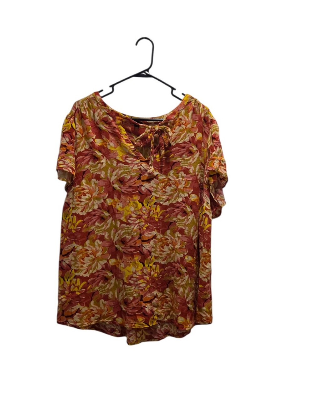 Torrid Size 3 Plus Floral Rayon Peasant Blouse Rust Gold Tie Neck Boho Top